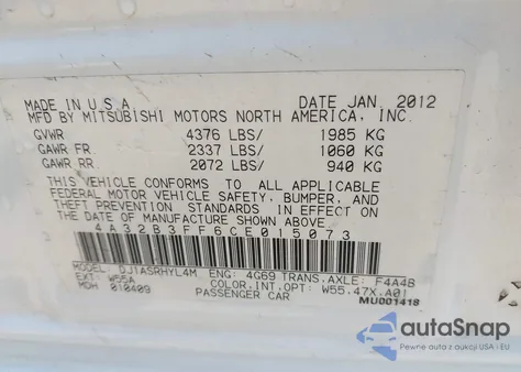 2012 Mitsubishi Galant Es/Se from USA, damaged, VIN 4A32B3FF6CE015073